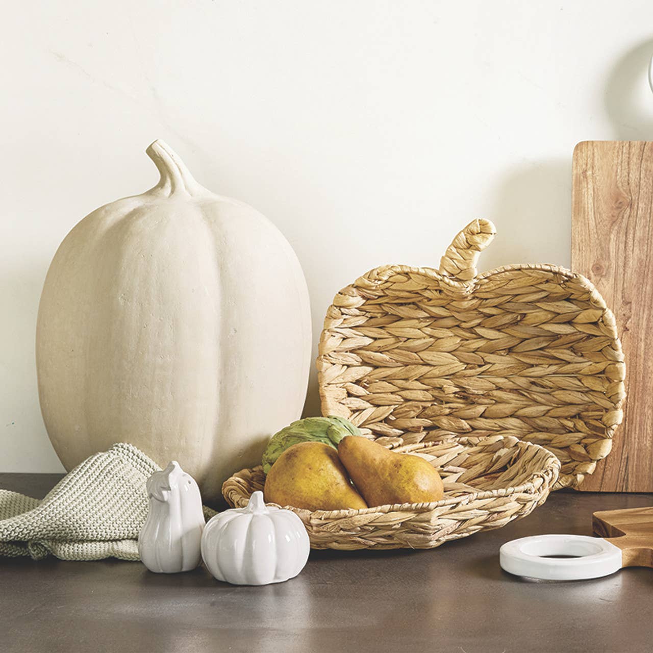 Ceramic Salt + Pepper Shakers - Pumpkin + Gourd: Ceramic / Gourd: 3.5" H x 2" Dia, Pumpkin: 3" H x 3.5" Dia