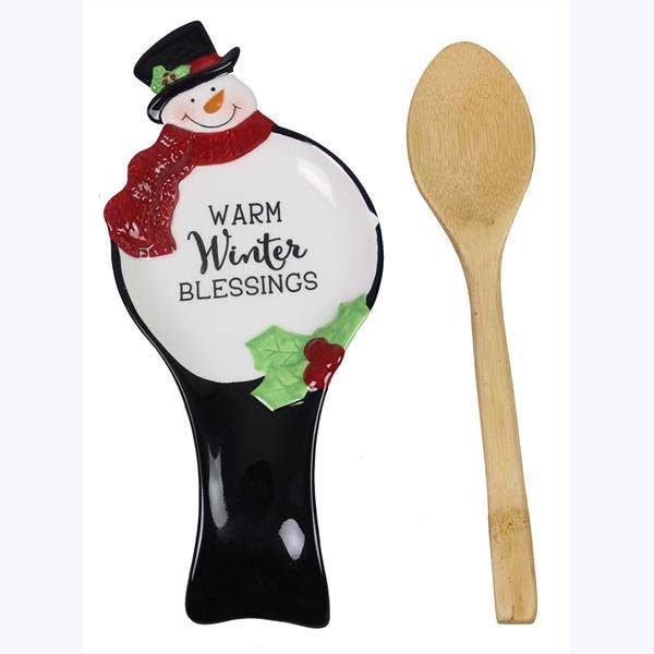 Ceramic Snowman Spoon Rest with Wood Spoon Christmas
