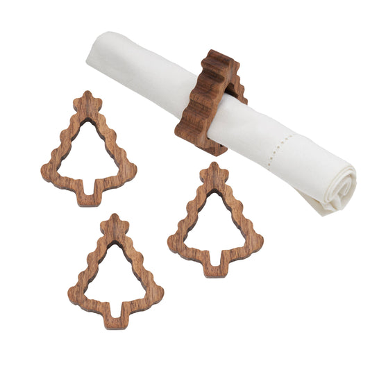 Christmas Tree Wood Napkin Ring Set 4