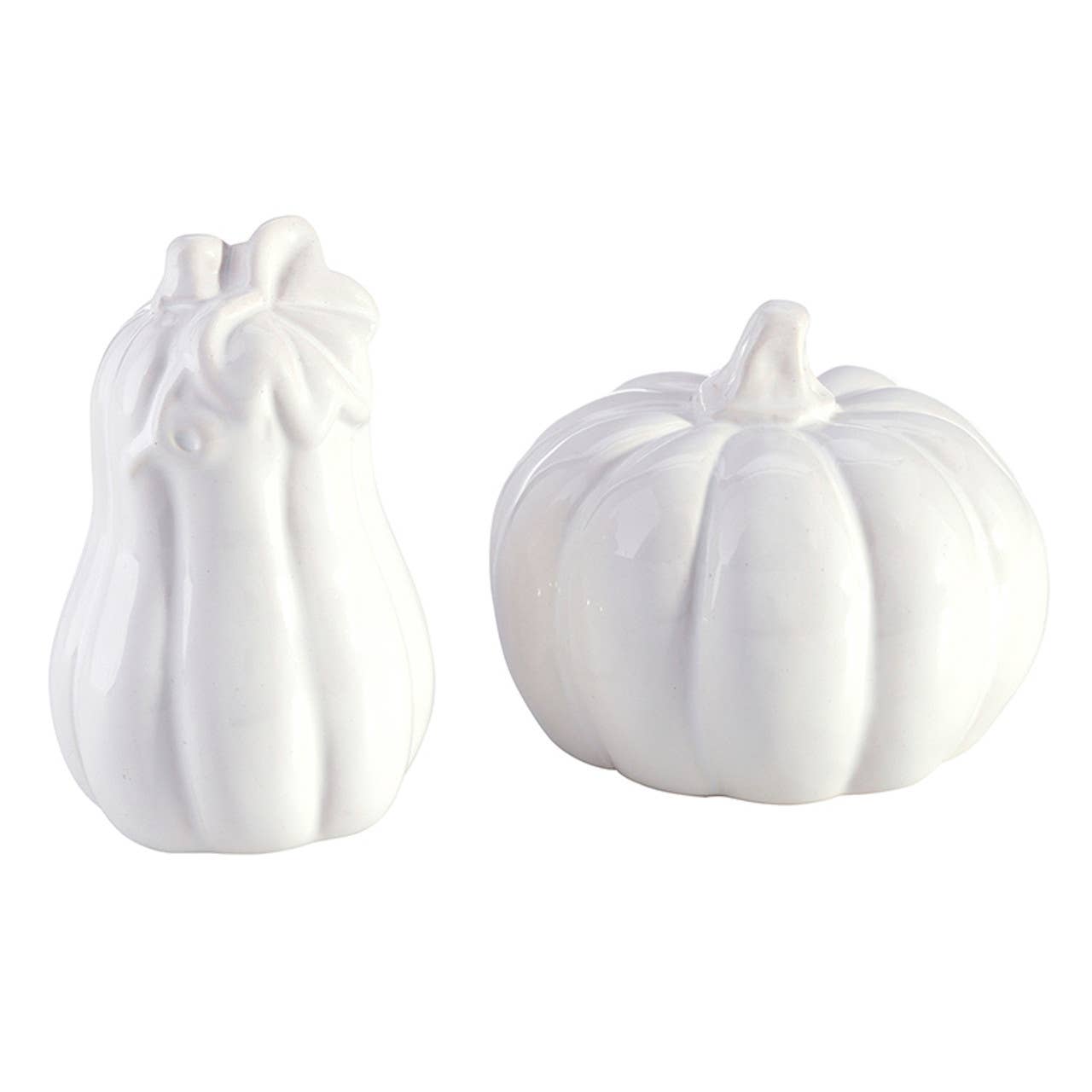 Ceramic Salt + Pepper Shakers - Pumpkin + Gourd: Ceramic / Gourd: 3.5" H x 2" Dia, Pumpkin: 3" H x 3.5" Dia