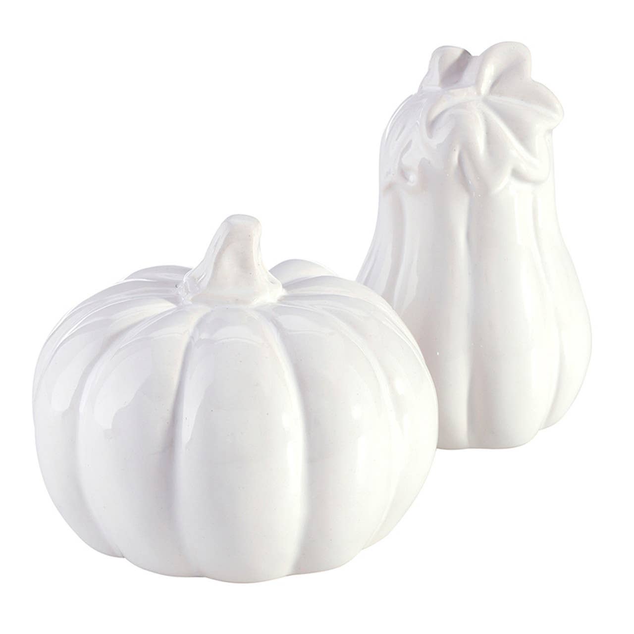 Ceramic Salt + Pepper Shakers - Pumpkin + Gourd: Ceramic / Gourd: 3.5" H x 2" Dia, Pumpkin: 3" H x 3.5" Dia