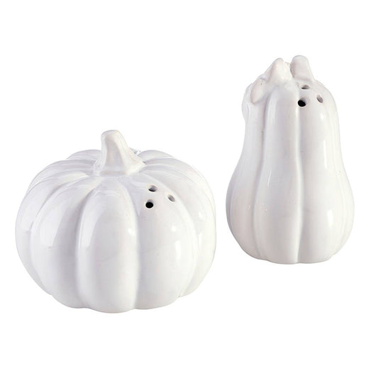 Ceramic Salt + Pepper Shakers - Pumpkin + Gourd: Ceramic / Gourd: 3.5" H x 2" Dia, Pumpkin: 3" H x 3.5" Dia