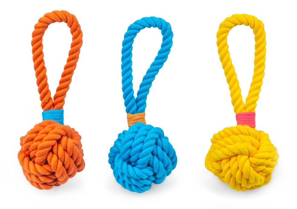 ThoozyPet Ball Tug Rope Dog Toy with Handle Blue 3"