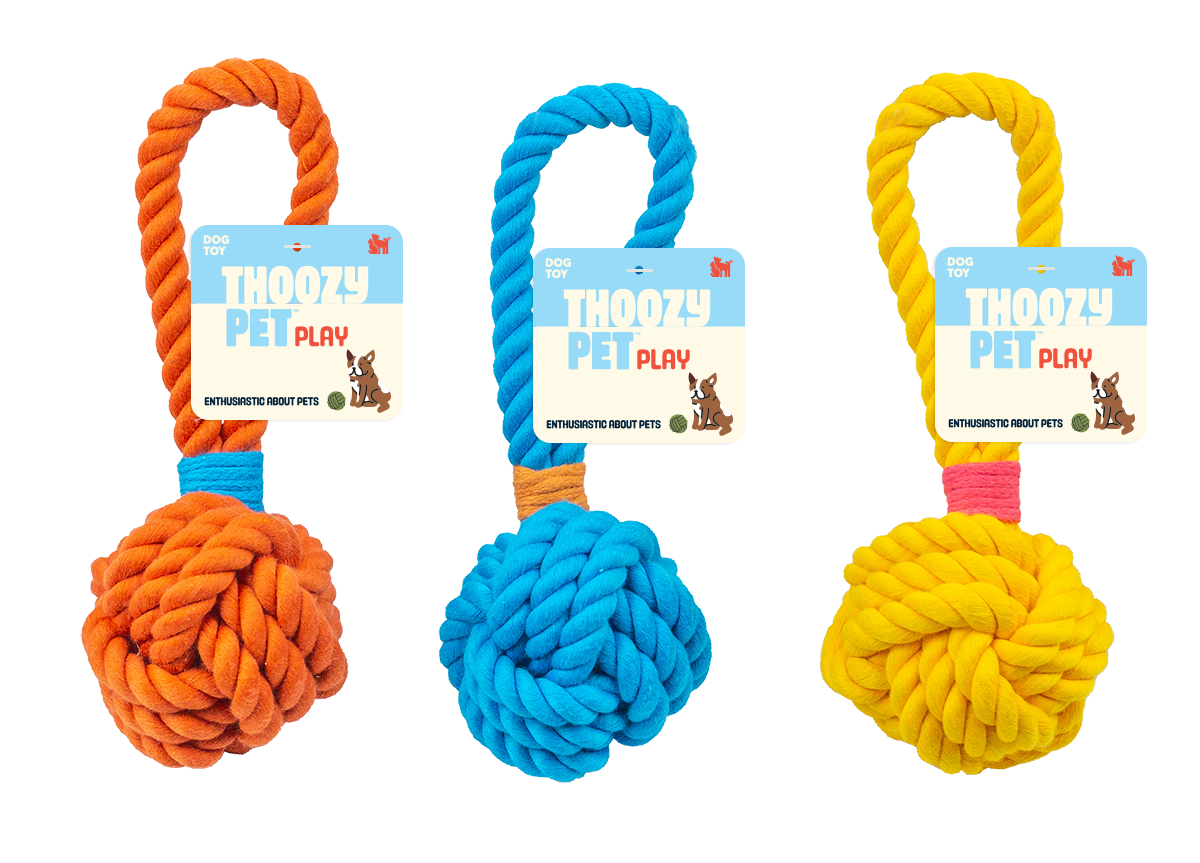 ThoozyPet Ball Tug Rope Dog Toy with Handle Yellow 3"